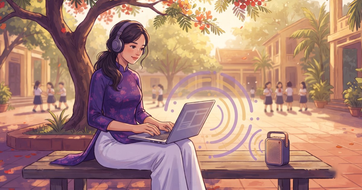Cô giáo ngồi dưới gốc phượng trong sân trường, đeo tai nghe và soạn bài phát biểu trên máy tính, sóng âm lan ra loa nhỏ bên cạnh