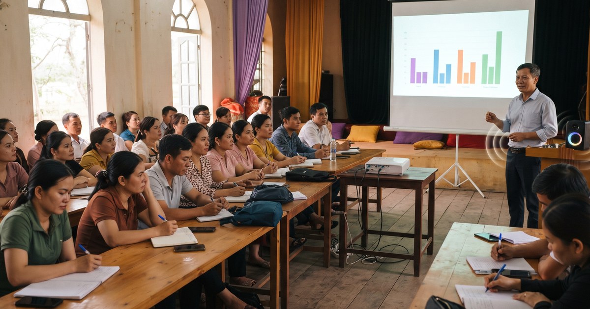 Giảng viên đứng cạnh màn hình chiếu biểu đồ trong hội trường tập huấn, loa nhỏ trên bục phát ra sóng âm, học viên ghi chép ở bàn