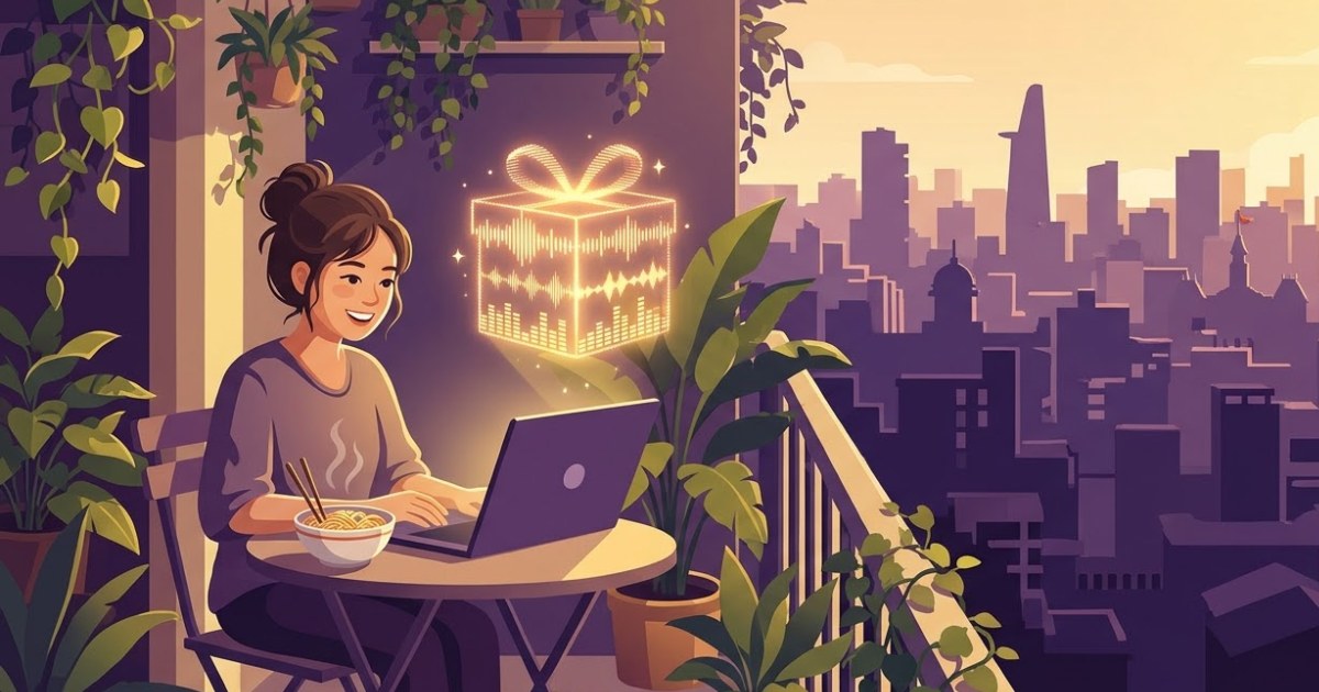 Cô sinh viên mỉm cười bên laptop trên ban công Sài Gòn, hộp quà bằng sóng âm lơ lửng phía trên