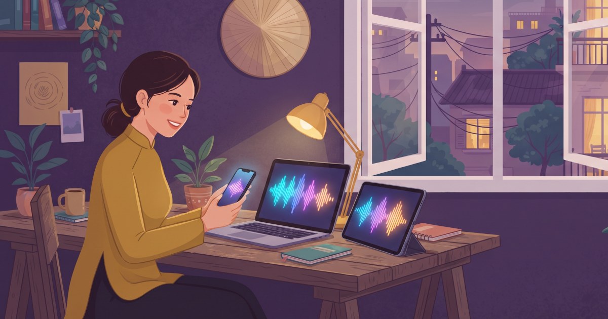 Cô gái ngồi bên bàn làm việc, trước mặt là laptop, điện thoại và máy tính bảng phát ra sóng âm