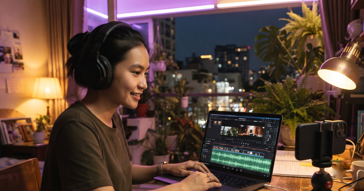Người làm video công nghệ ngồi trước laptop, chia kịch bản thành từng đoạn giọng đọc